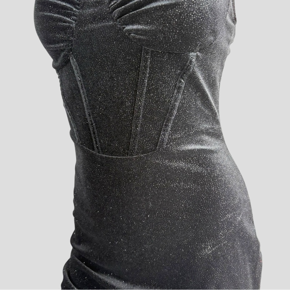 90s Black Corset Goth Prom Dress Vamp Velvet Glitter WhimsiGoth Bodycon M - Picture 5 of 11